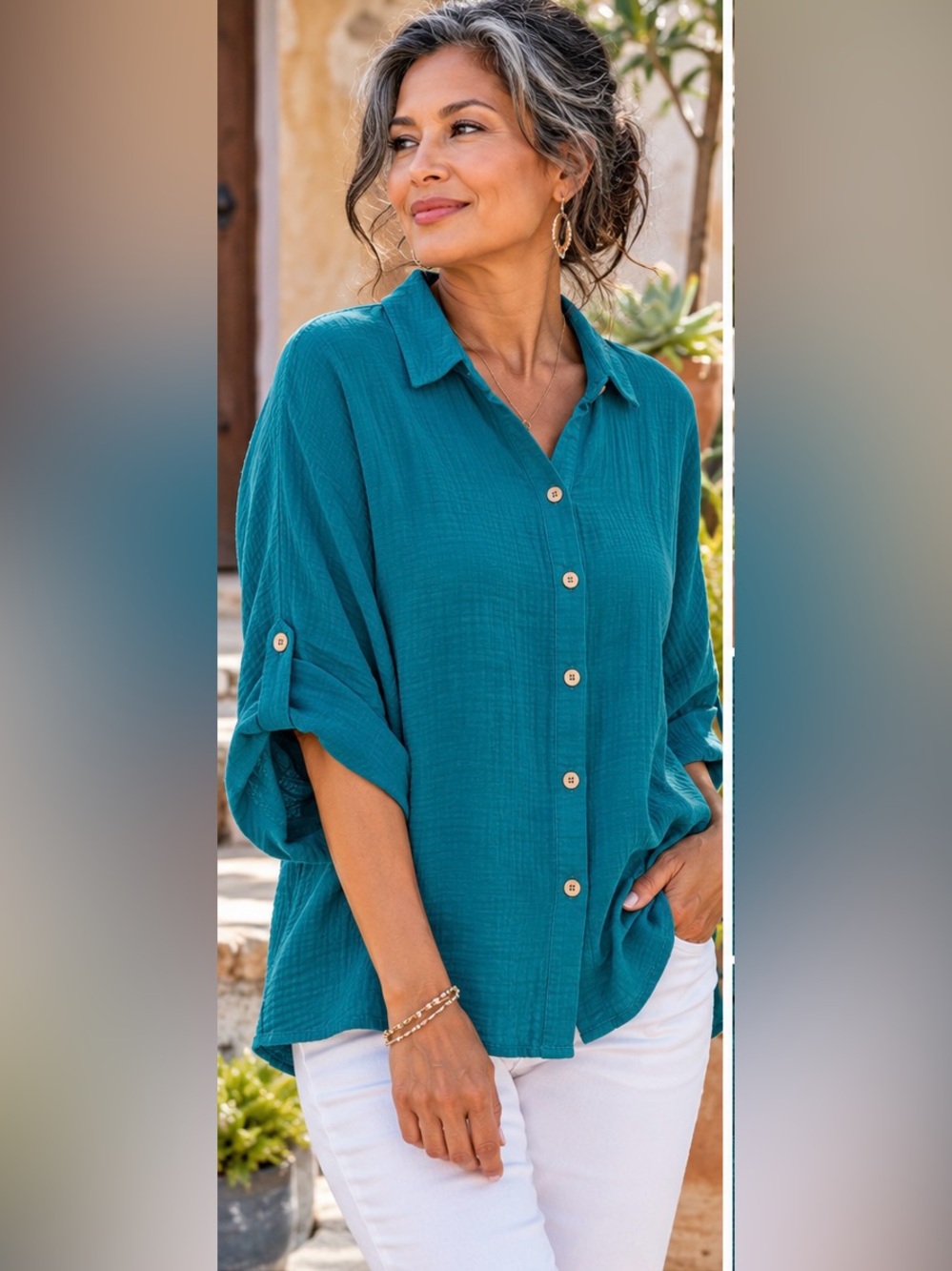 Zenana Cotton Gauze Button Down Tunic Top Roll-Tab Sleeves -
Oversized M - NWOT